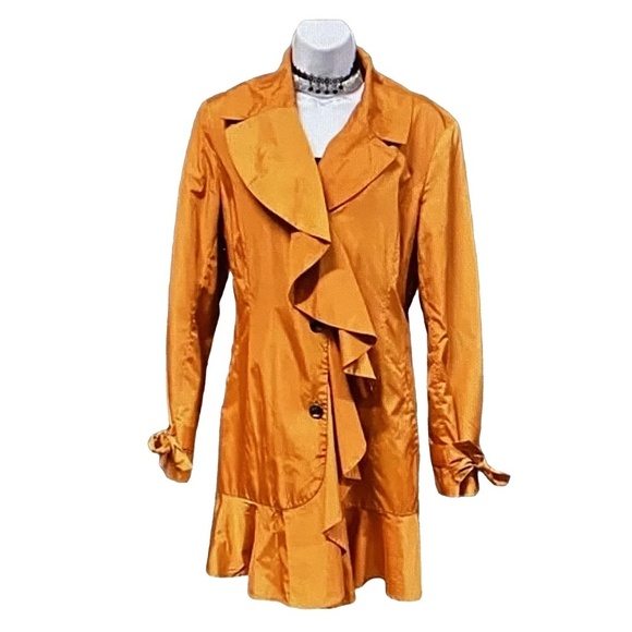 NWOT COLE HAAN Tangerine Orange Ruffle Flirty Trench Rain Coat Retro Designer M - Picture 4 of 16